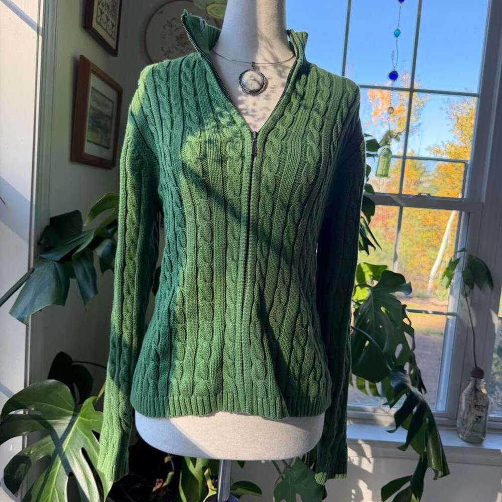 L. L. Bean Green Knit Cotton Zip Up Sweater Jacket Small